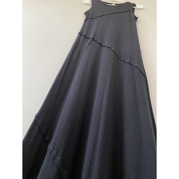 Greige Ribbed Minimalist Black Sleeveless Midi Dress Raw Edge Diagonal Hem LARGE - Picture 5 of 12